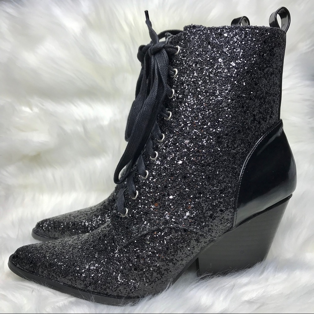 Black Glitter Pointed Toe lace up Ankle Boot 🖤 - Picture 2 of 8